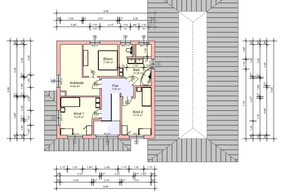 Floor plan of an upper floor: parents’ bedroom, two children’s rooms, bathroom, hallway, dressing room.