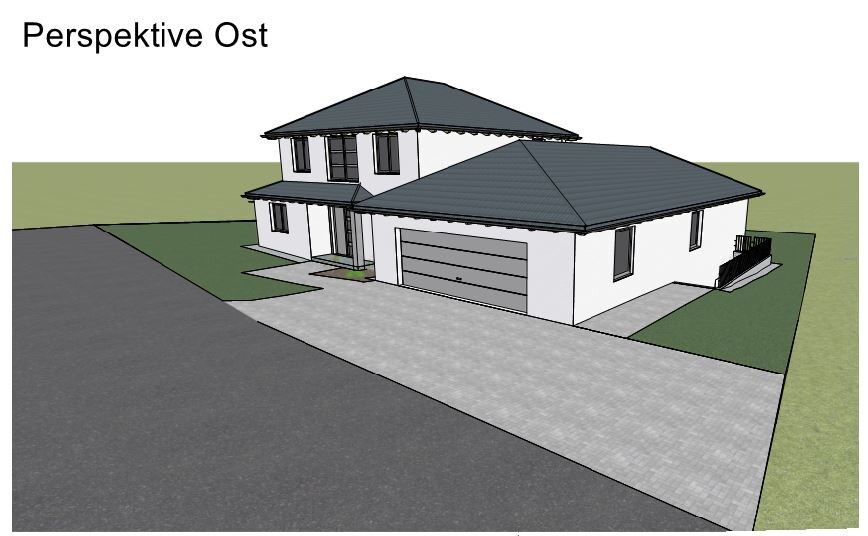 Modern two-story single-family house with garage, driveway and green area, east perspective.