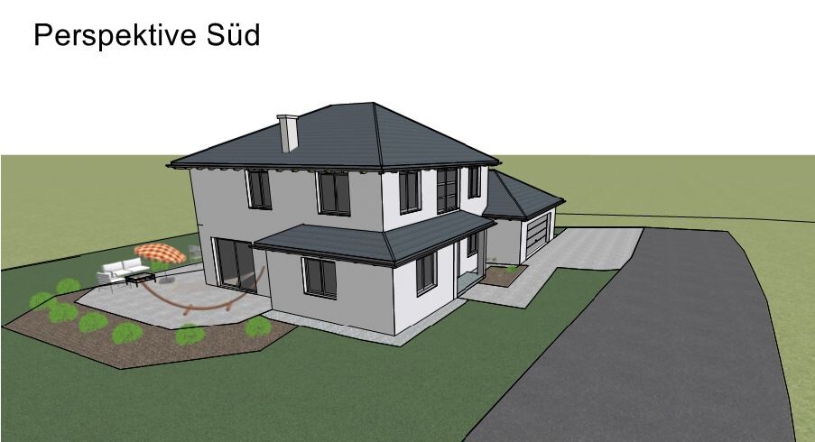 3D rendering of a two-story house from the south perspective with gray roof, driveway, and garden.