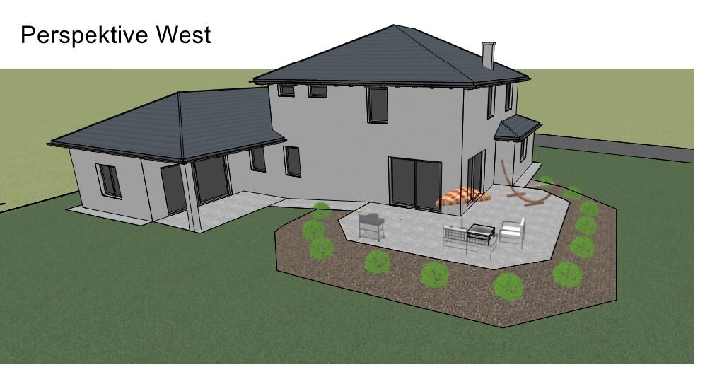 West view of a two-story house with large terrace, seating area and garden bed.