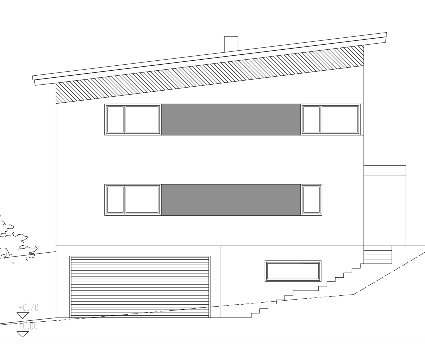 Moderne Villa mit schrägem Dach, langen Fenstern, Garage und Hangtreppen.
