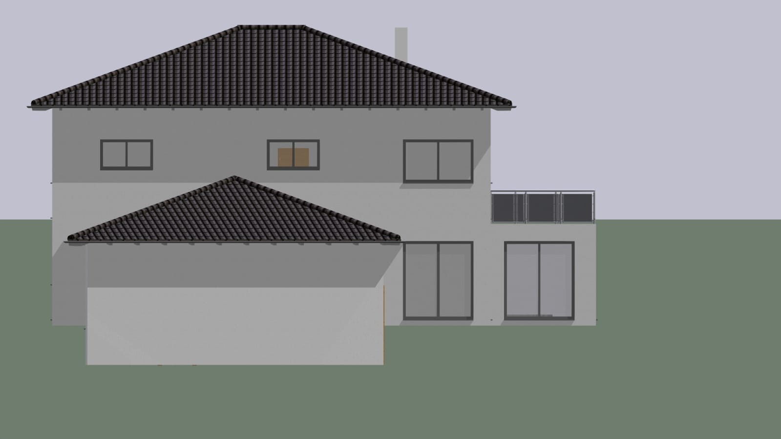 Modern two-story villa with grey facade, dark tiled roof, and balcony with glass railing.