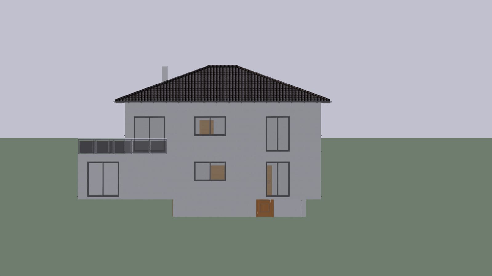 Two-story house with grey facade, dark tiled roof, balcony on the left, and many windows.