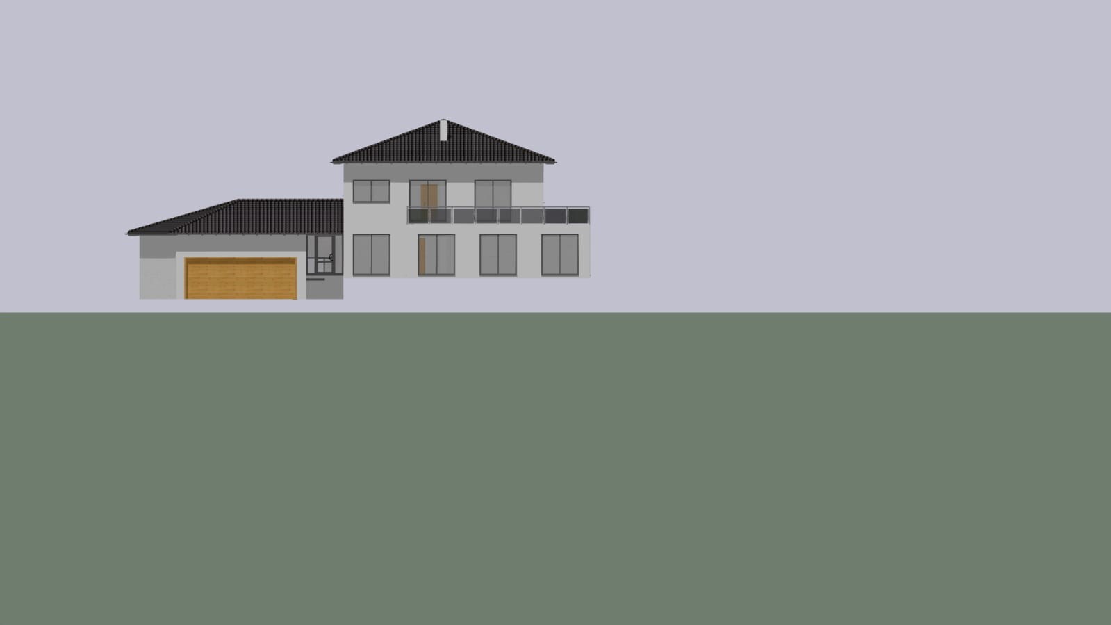 Modern two-story house with garage, grey facade, large windows, balcony.