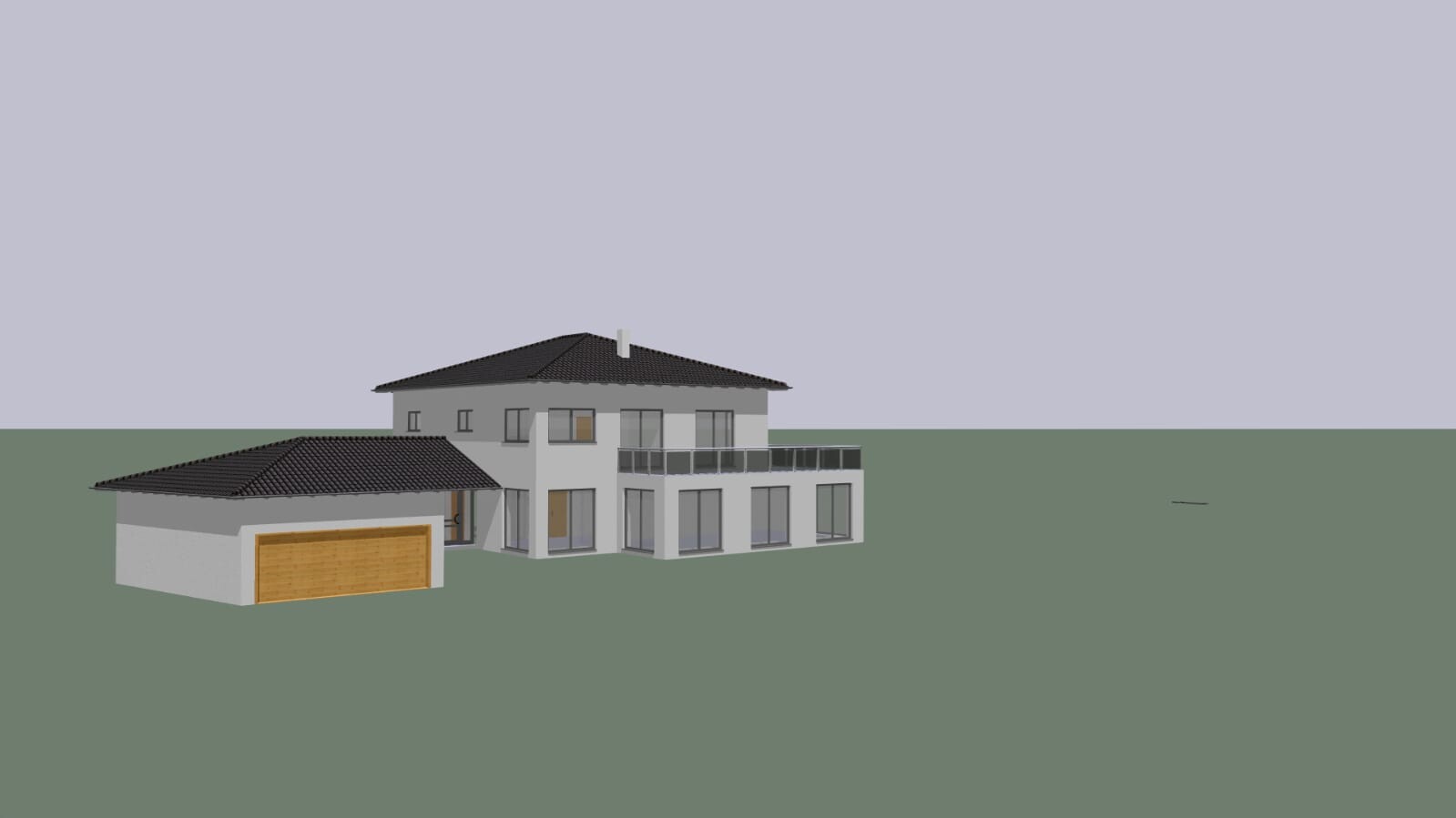 Modern two-story house with balcony, large glass windows, and garage on green property.