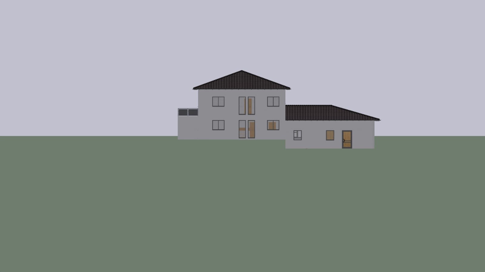 Grey villa with left building section, dark tiled roof on green lawn under grey sky.