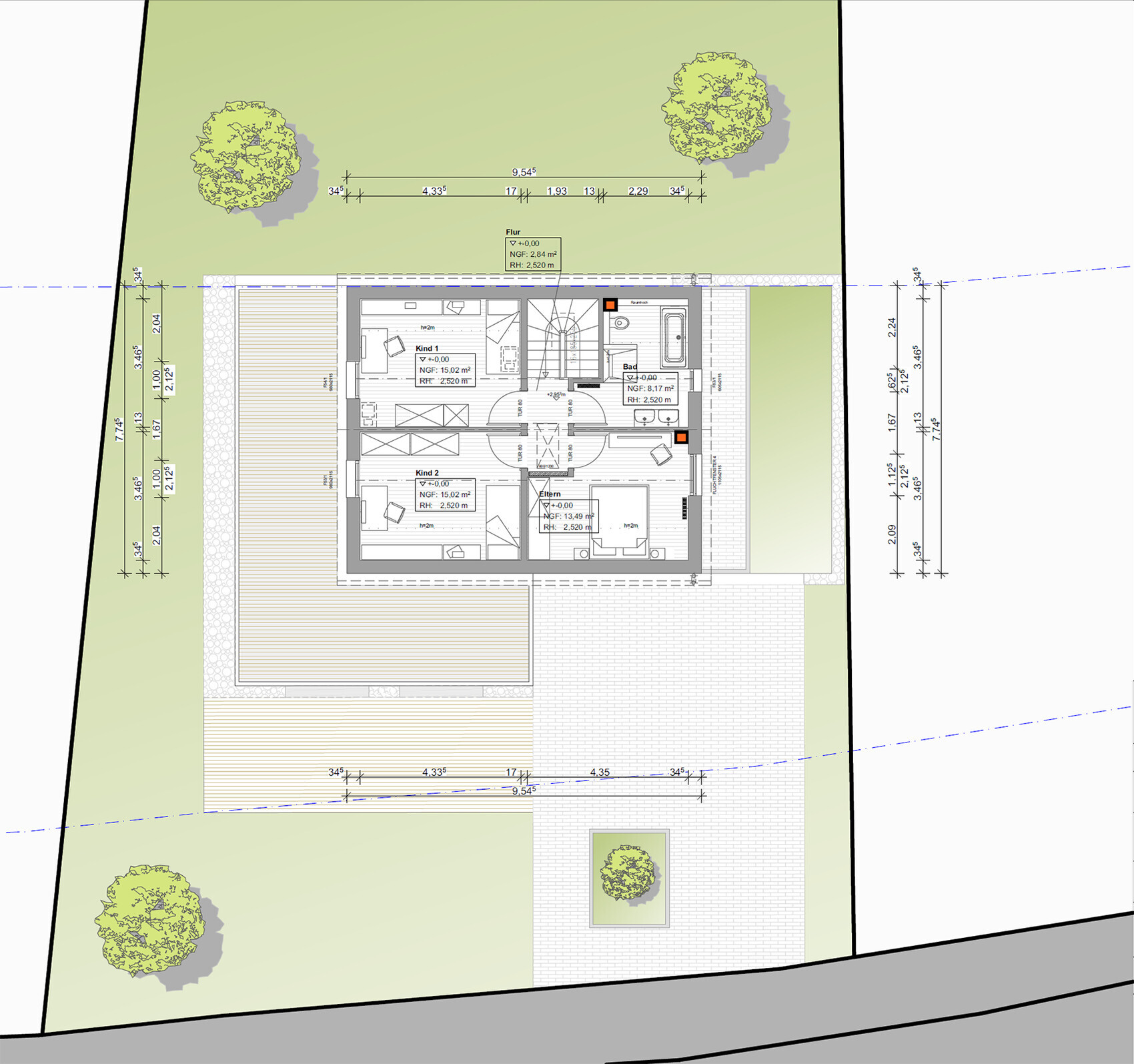 Floor plan of a house: Ground floor with 3 bedrooms, bathroom, hallway, terrace and garden.
