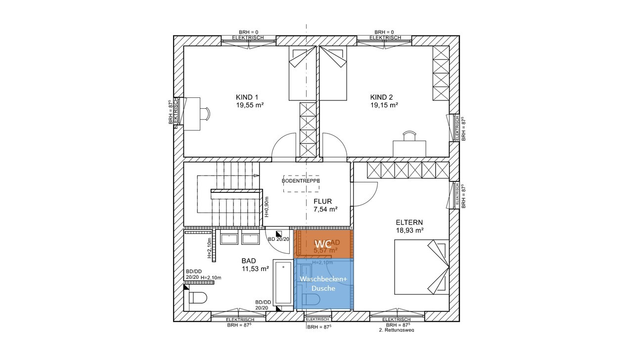 Floor plan upper floor: two children's rooms, master bedroom, bathroom, toilet, laundry area, hallway, stairs.