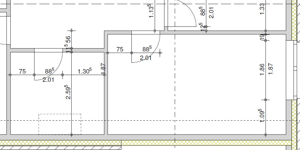 2D floor plan of a house with walls, doors and dimensions.