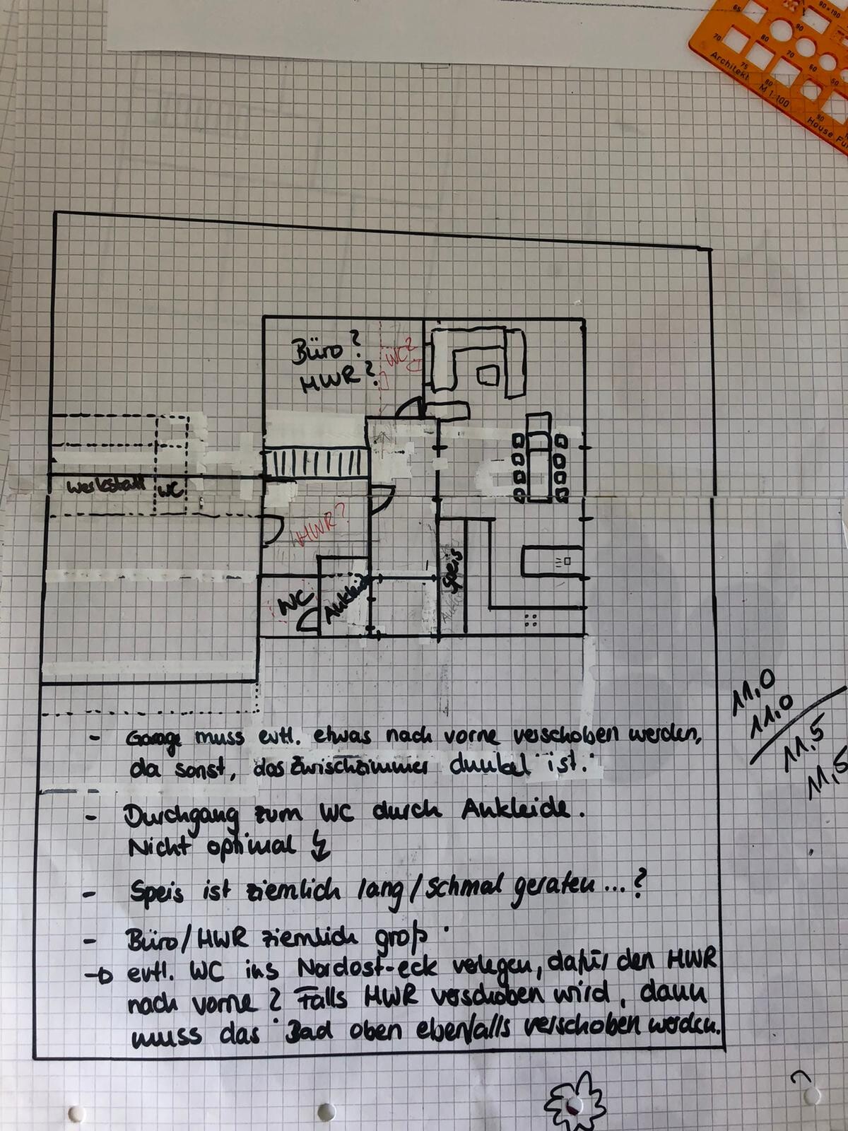 Hand-drawn floor plan sketch of an office with toilet, hallway, utility room, and table group.