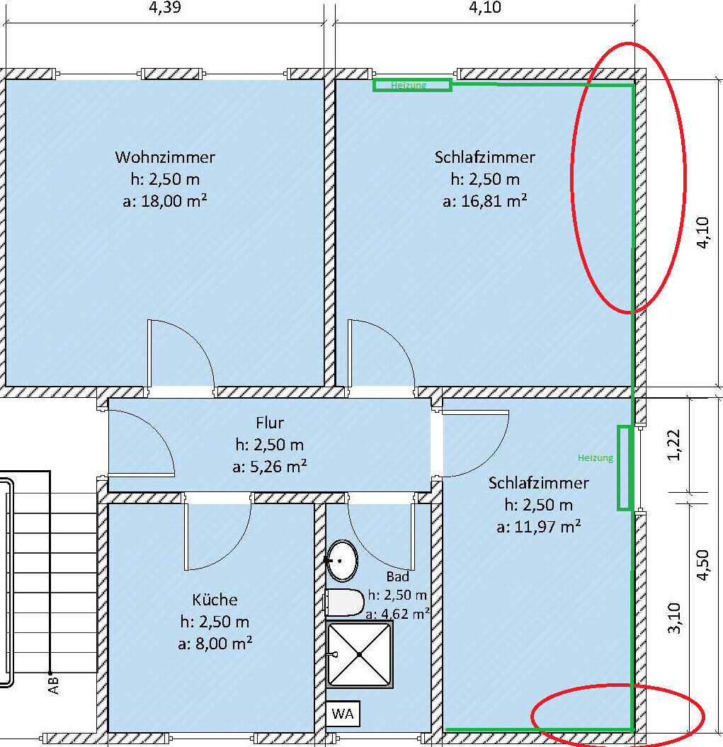 Floor plan of a residential/sleeping house: living room, two bedrooms, kitchen, bathroom, hallway, heating.