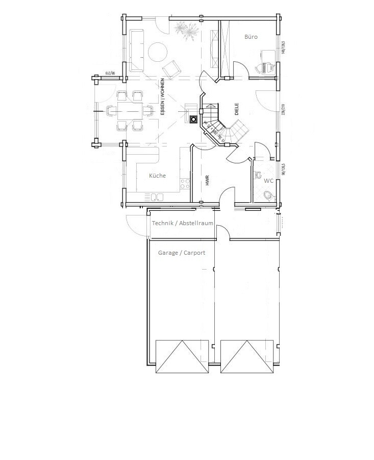 Floor plan: kitchen, dining area/living room, office, hallway, utility room, WC, technical/storage room, garage/carport