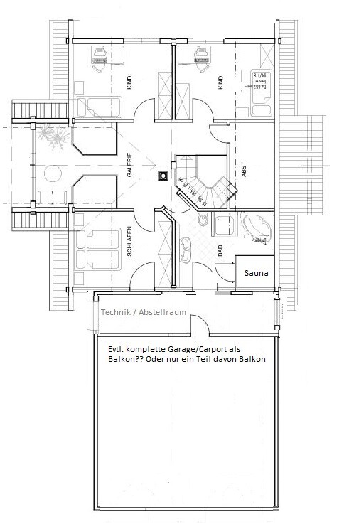 Floor plan of living house: bedroom, children's room, bathroom, sauna, technical/storage room, balcony
