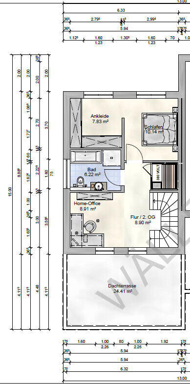 Attic floor plan: corridor, bedroom, walk-in closet, bathroom, home office, and roof terrace.