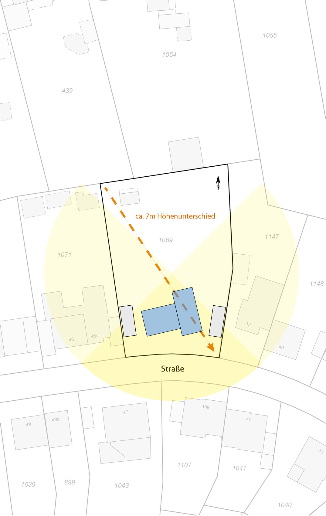 Site plan: plot by the street; orange dashed height difference approx. 7 m (23 feet).