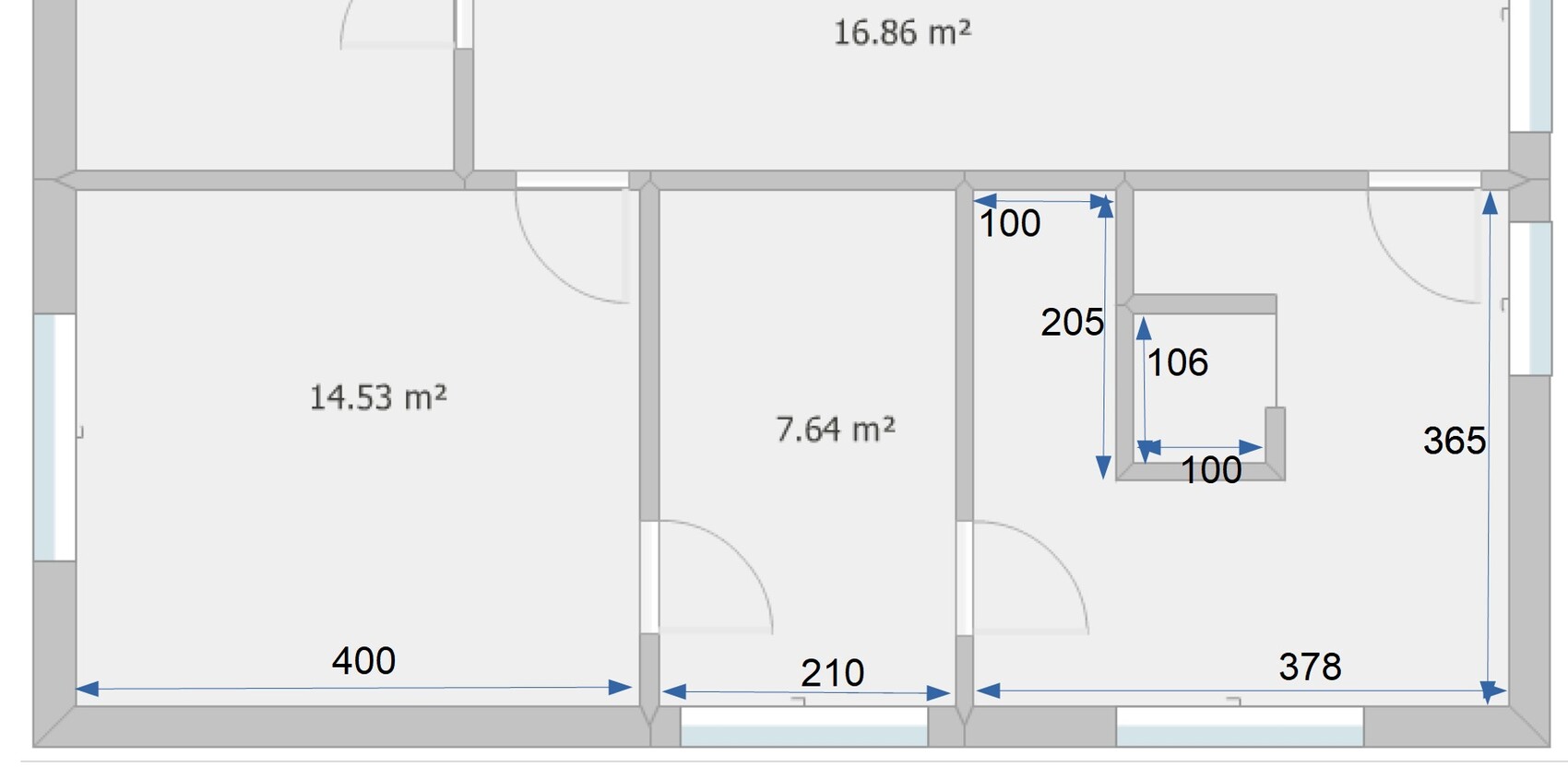 Grundriss eines Wohnungsplans mit mehreren Räumen und m2-Angaben (16.86,14.53,7.64).