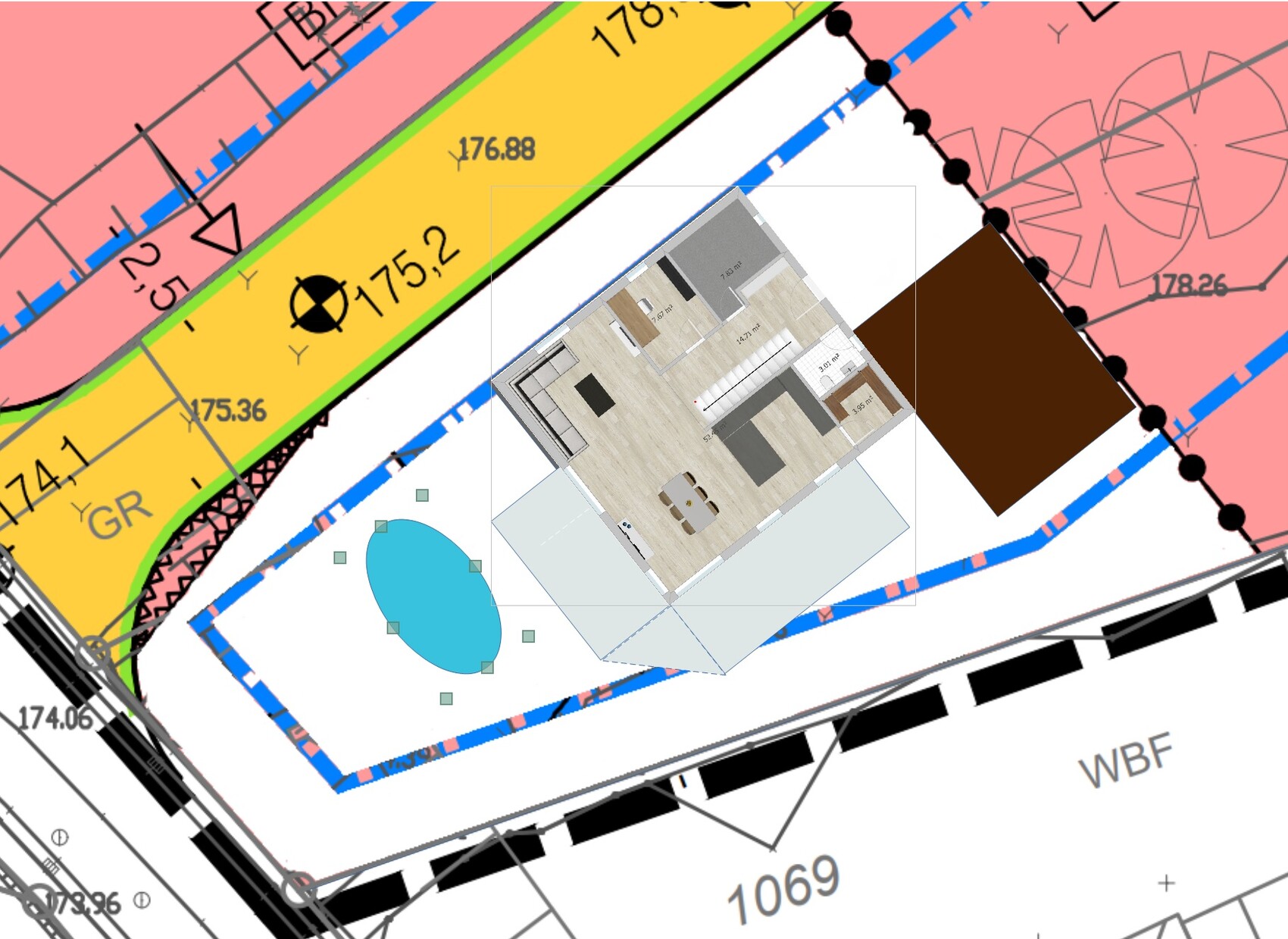 Überlagerter Grundriss eines Hauses auf farbigem Baulandplan mit Pool.