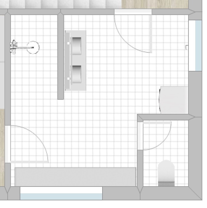 Bathroom floor plan with double sink, shower, toilet, and doors.