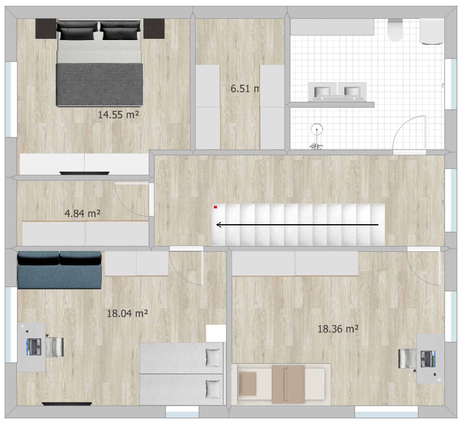 Overview: Floor plan of an apartment from above with bedroom, bathroom, kitchen, hallway, and two rooms.