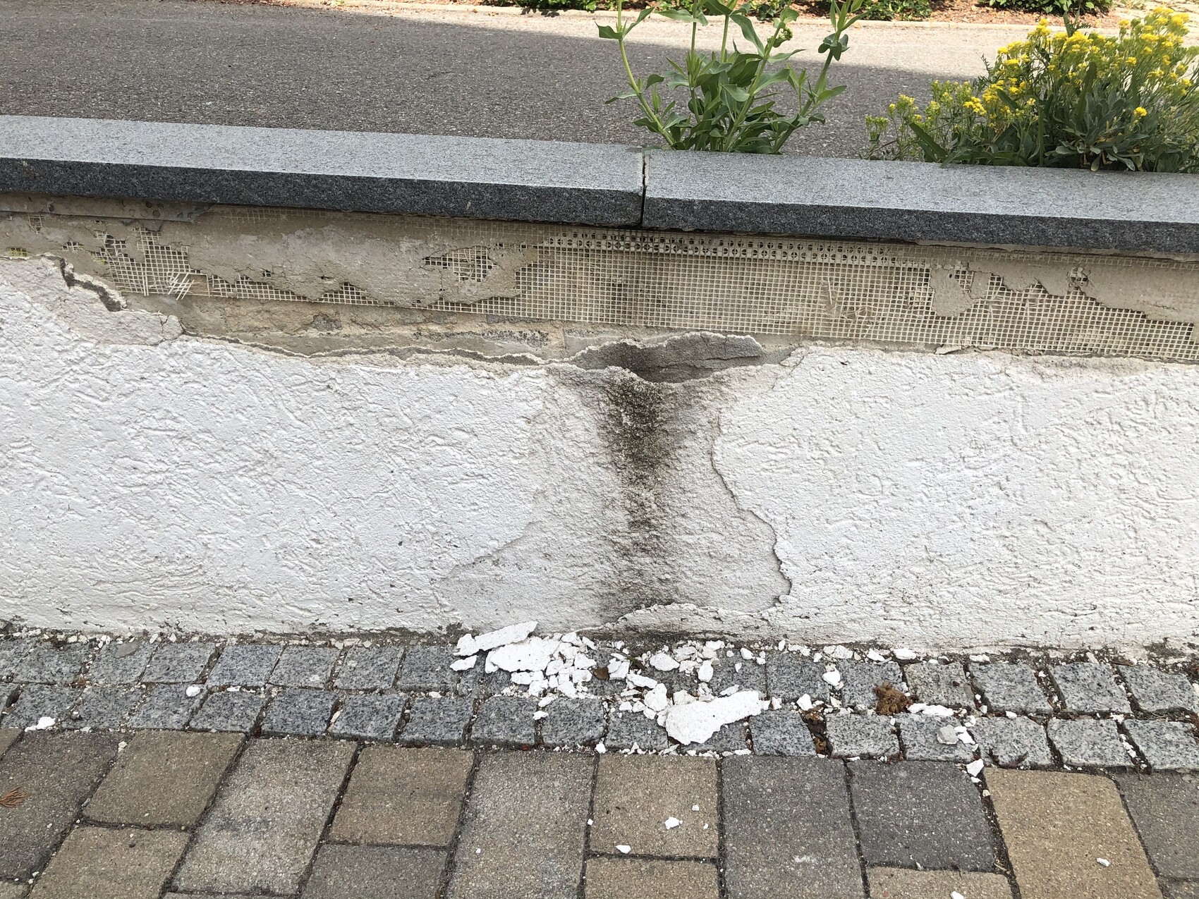Exterior wall with plaster missing, moisture damage and crumbling masonry.