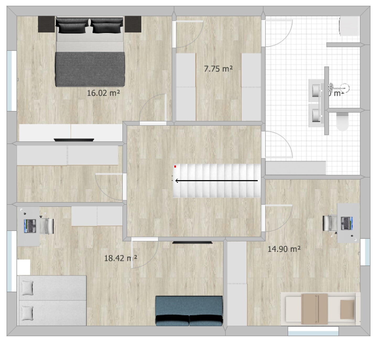 House floor plan: central staircase, three bedrooms, bathroom, and hallways.