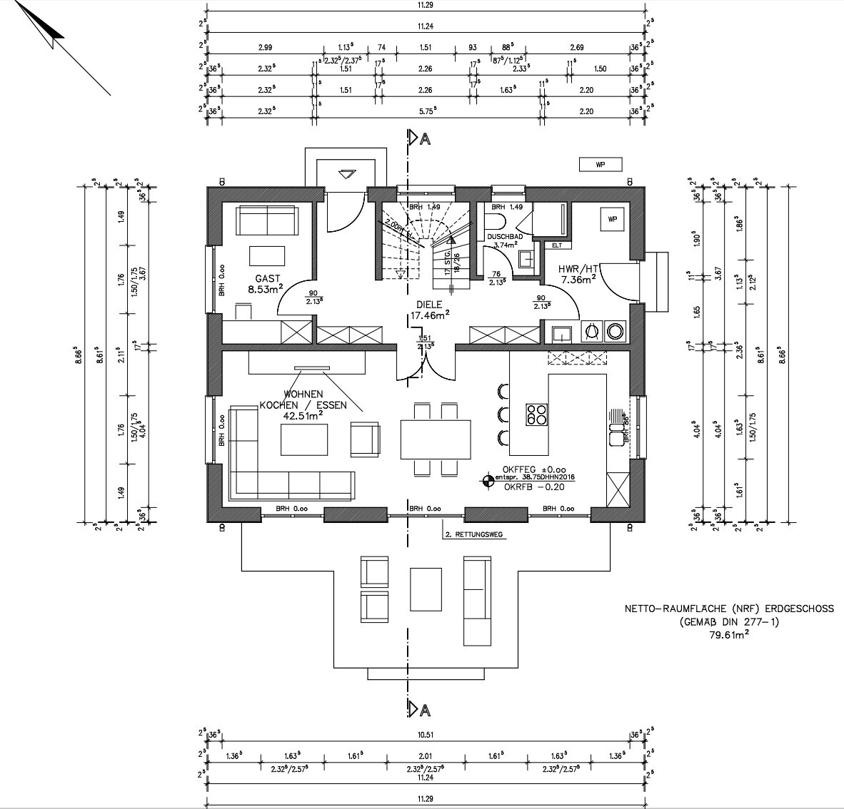 Floor plan: open living/cooking/dining, guest room, hallway, bathroom, utility room, staircase.