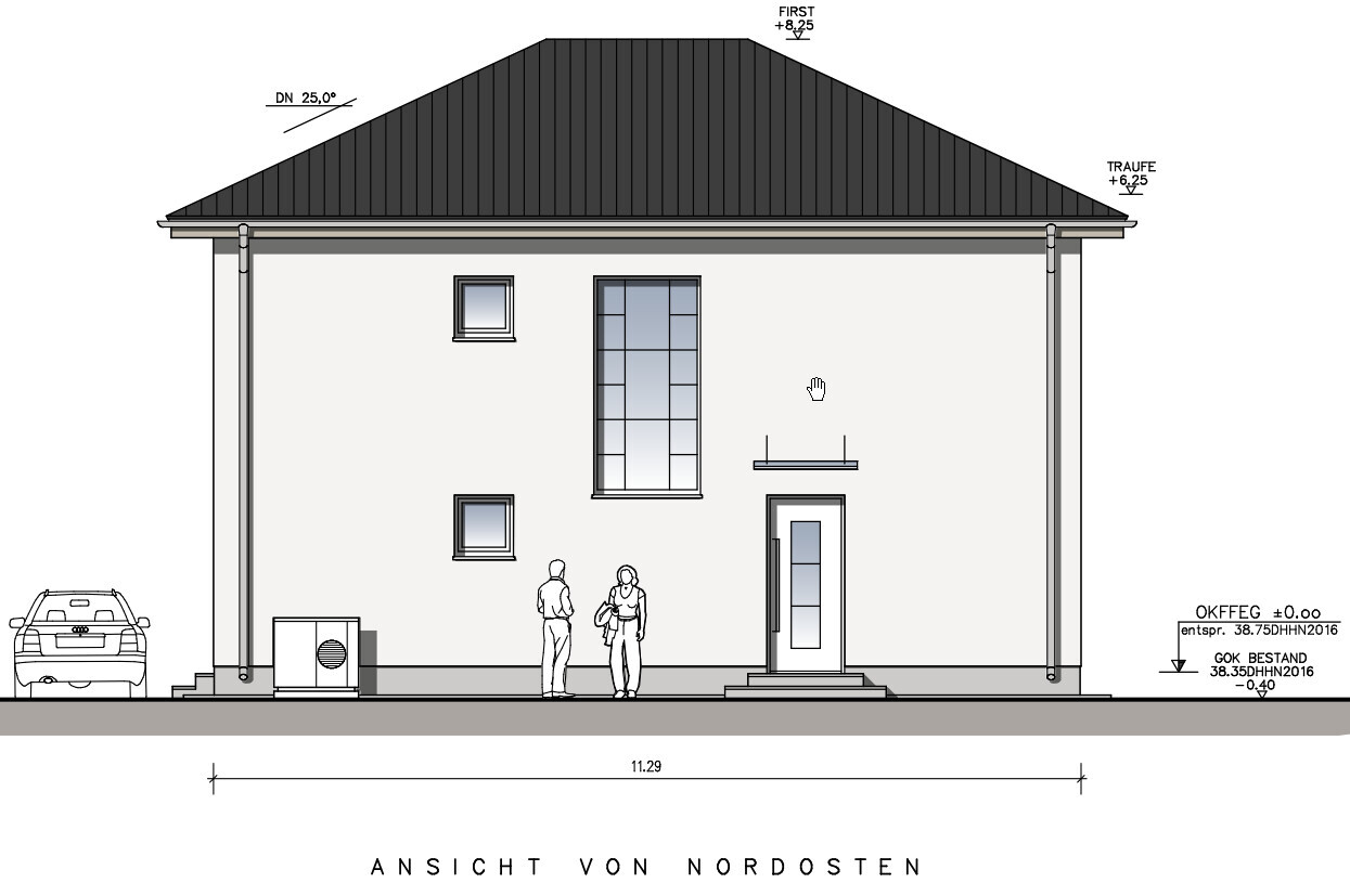 View from the northeast: two-story house with door, window front and two people in front.