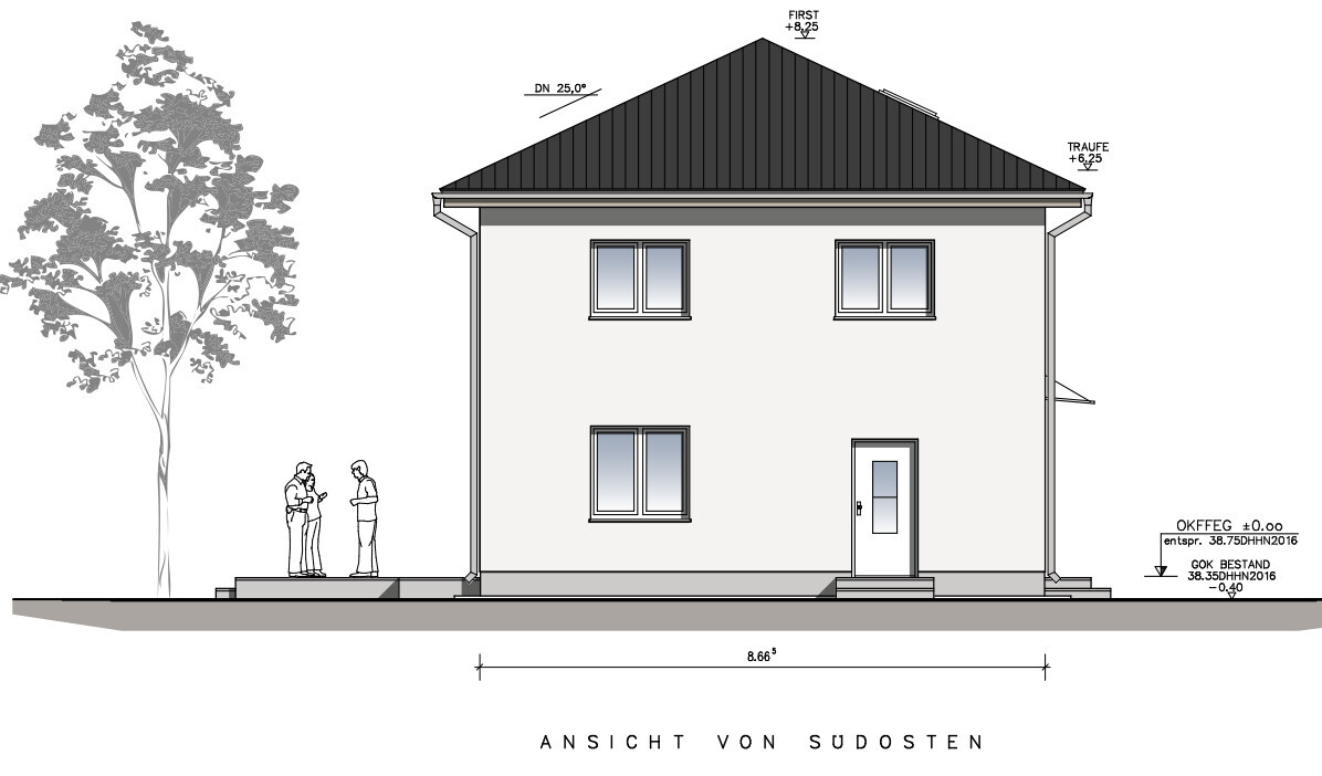 Southeast view of a two-story house with dark roof, tree on the left, two people in front.