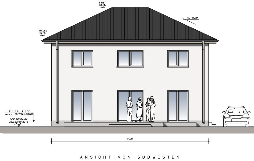 View from southwest: two-story house with hipped roof, window front, group of people at the entrance.