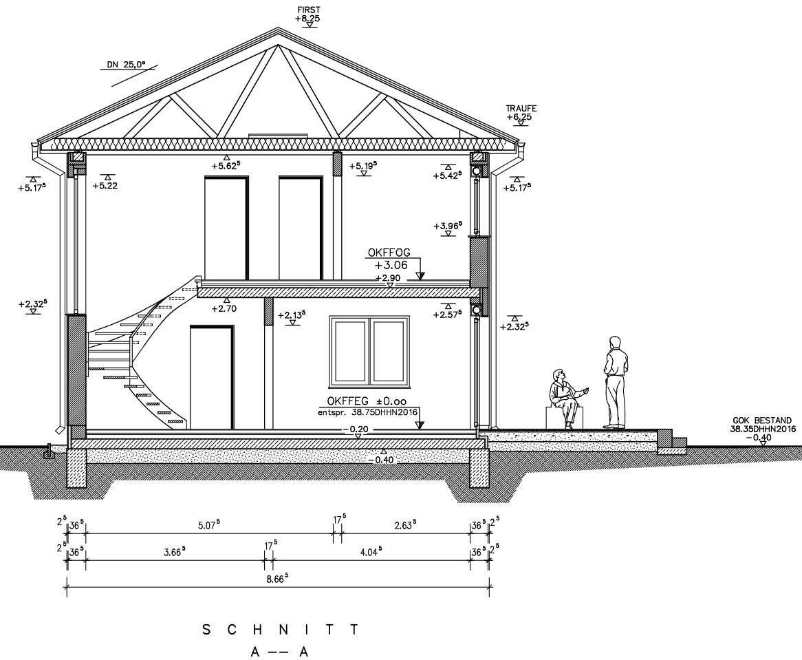 Cross-section of a two-story house with staircase, roof structure and windows.