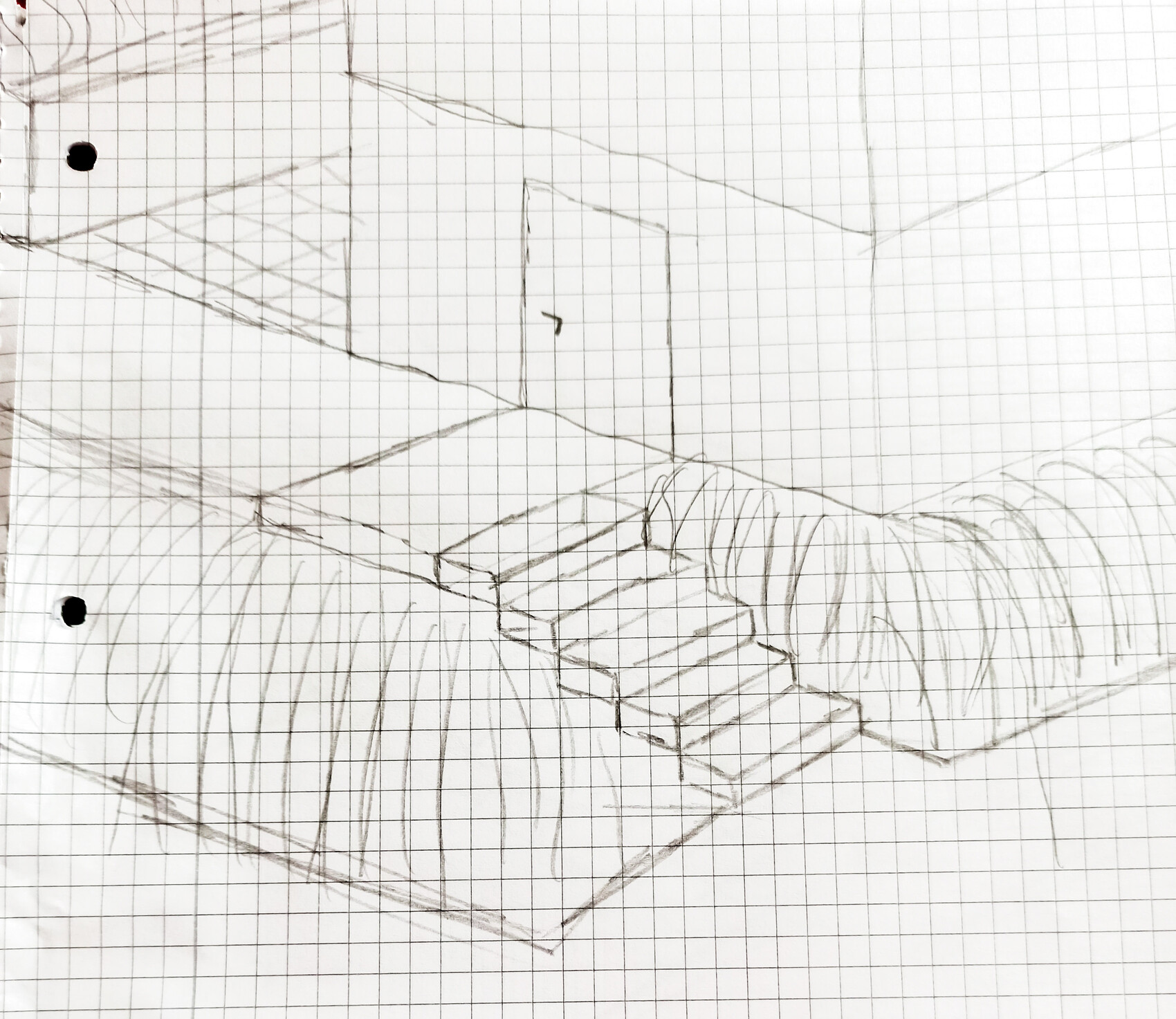 Sketch: interior perspective with stairs leading to the door and surrounding walls.