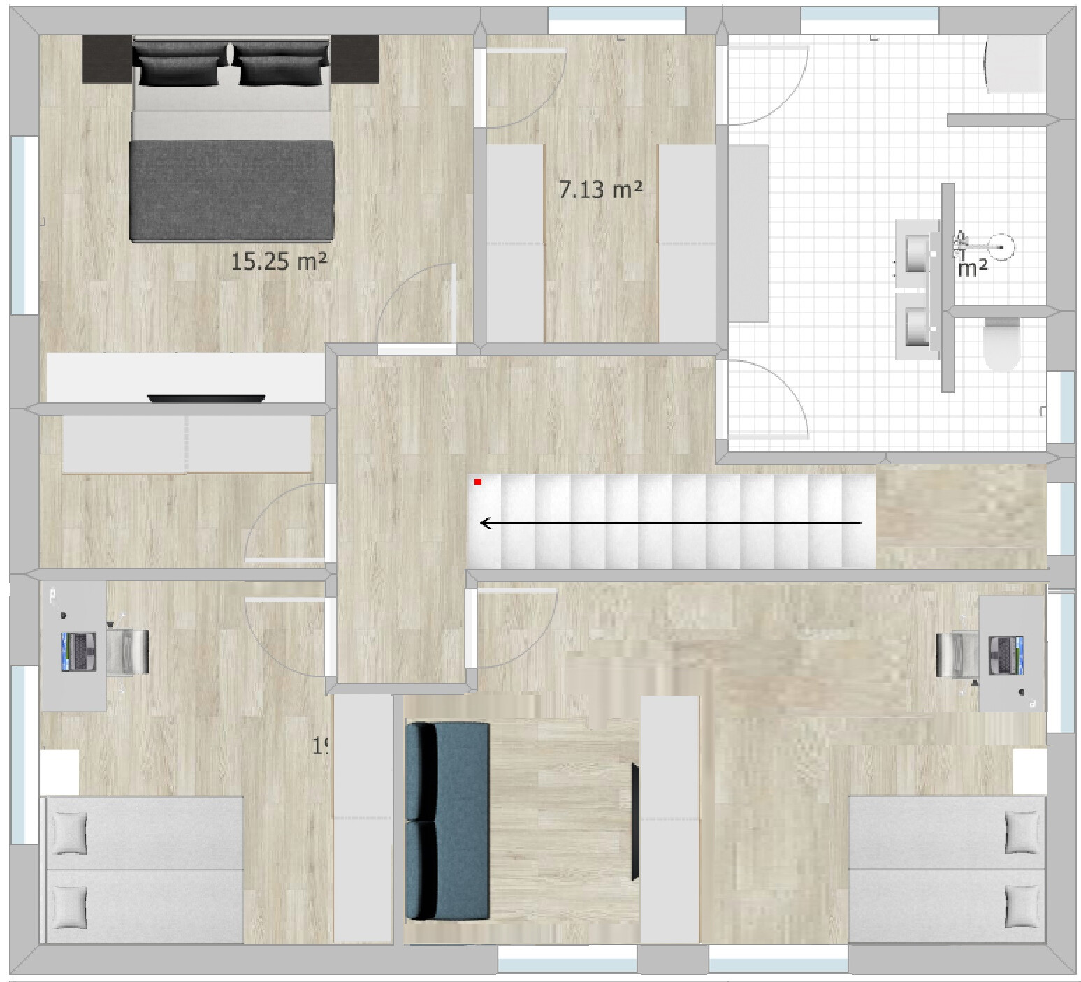 Floor plan of a residential house: bedroom, additional room, bathroom, hallway with stairs.