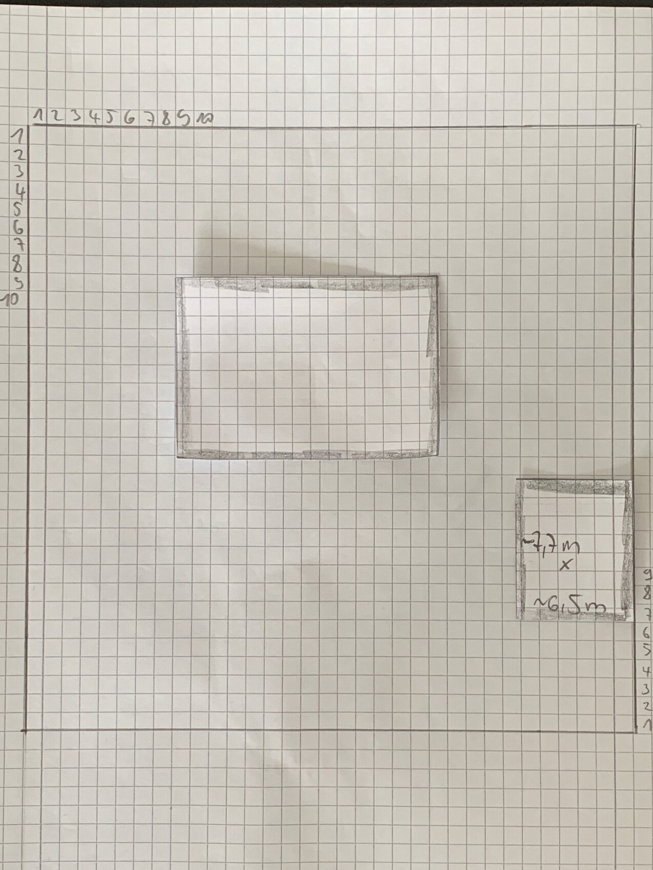 Large rectangle on graph paper; small rectangle on the bottom right measuring 7.7 m x 2.65 m (25 ft 3 in x 8 ft 8 in).