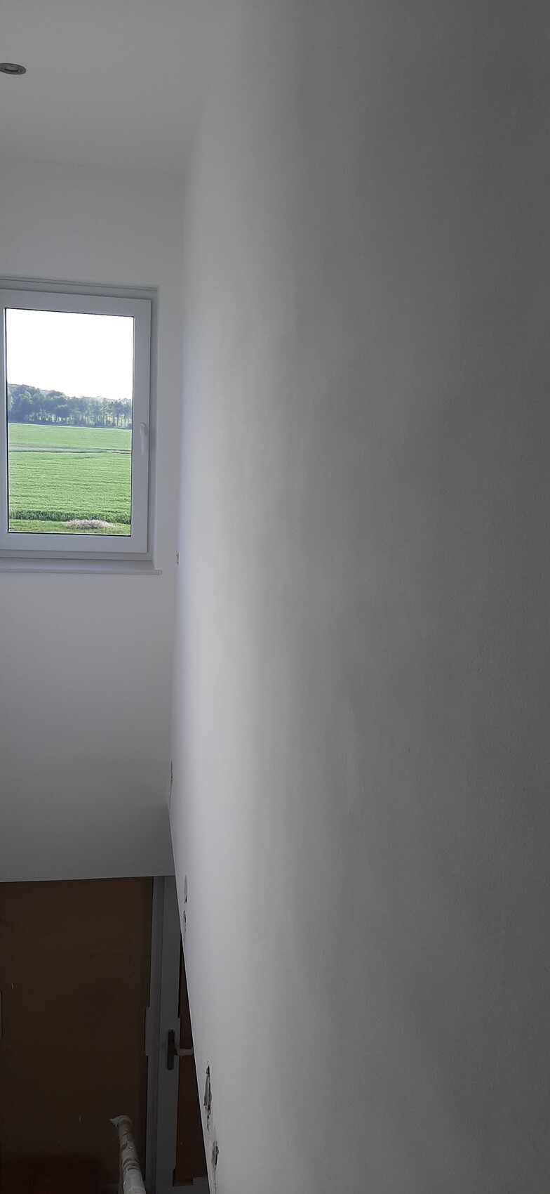 Weiße Innenwand mit Fenster; Blick auf grünes Feld und Baumreihe draußen.