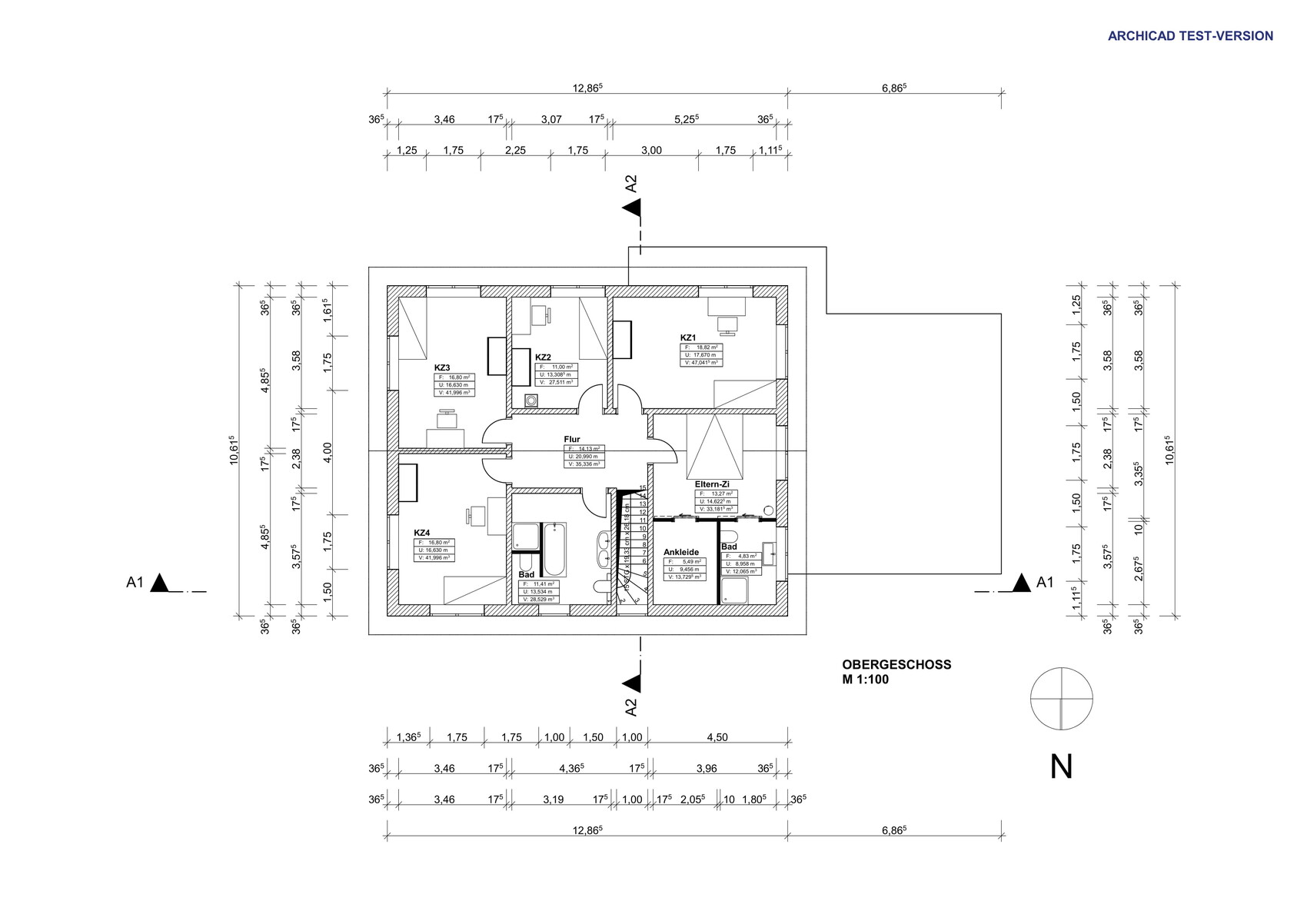 Obergeschoss-Grundriss mit Flur, Treppe, Elternzimmer, Bad, Ankleide, KZ1–KZ4.