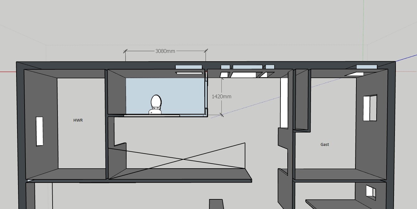 Top-view floor plan: utility room on the left, guest room on the right, central hallway area; person in blue room.