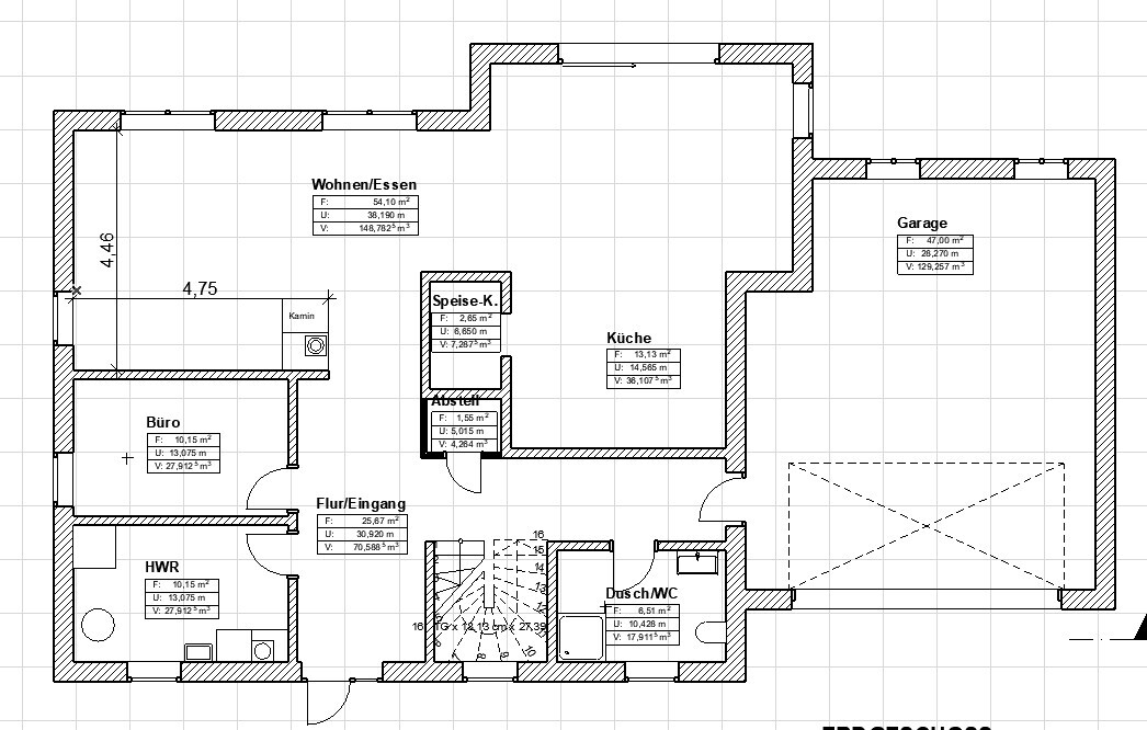 Detailed floor plan of a house with labeled rooms: living room, kitchen, garage, hallway