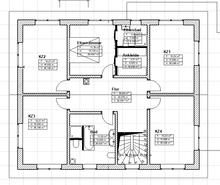 Floor plan of an apartment: hallway, master bedroom with walk-in closet, master bathroom, kid’s rooms 1-4, bathroom, spiral staircase