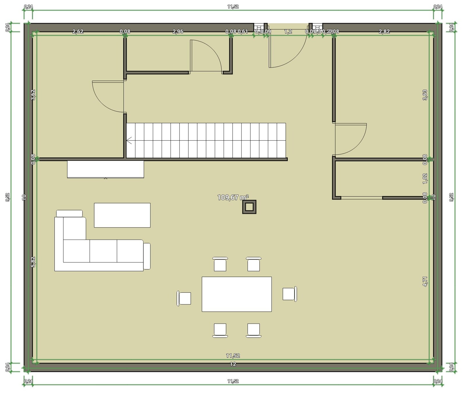 Grundriss eines offenen Wohn- und Essbereichs mit Treppe, Sofa und Esstisch