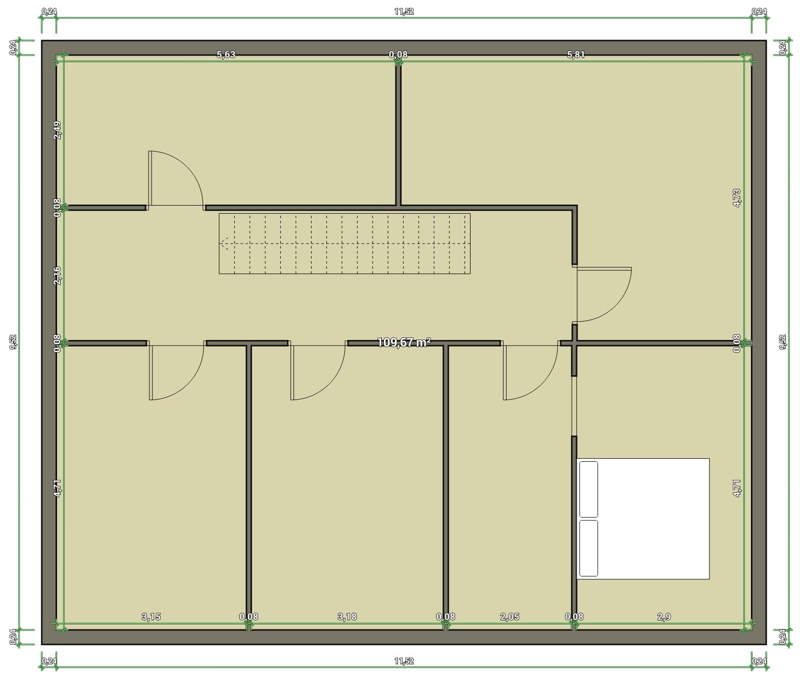 Grundriss eines Hauses: Mehrere Räume, zentrale Treppe, Türen, Schlafzimmer mit Bett rechts.