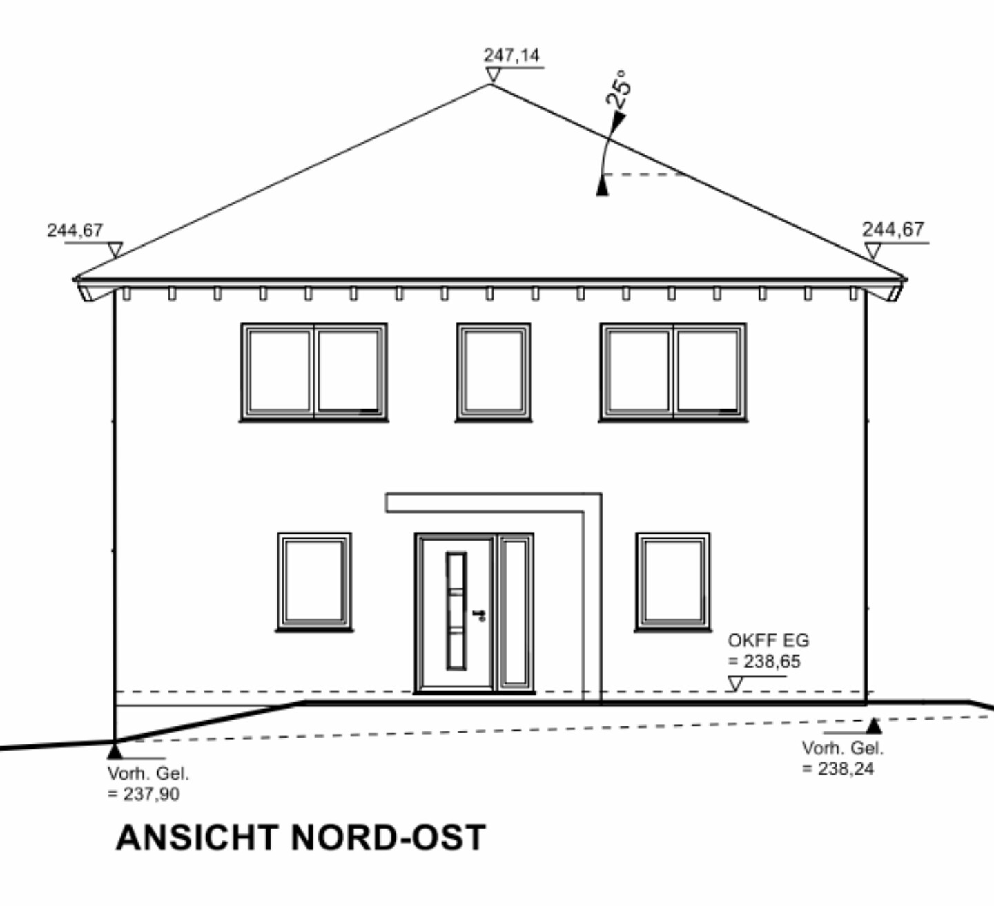 Northeast view of a two-story house with a sloped roof, windows and entrance door.