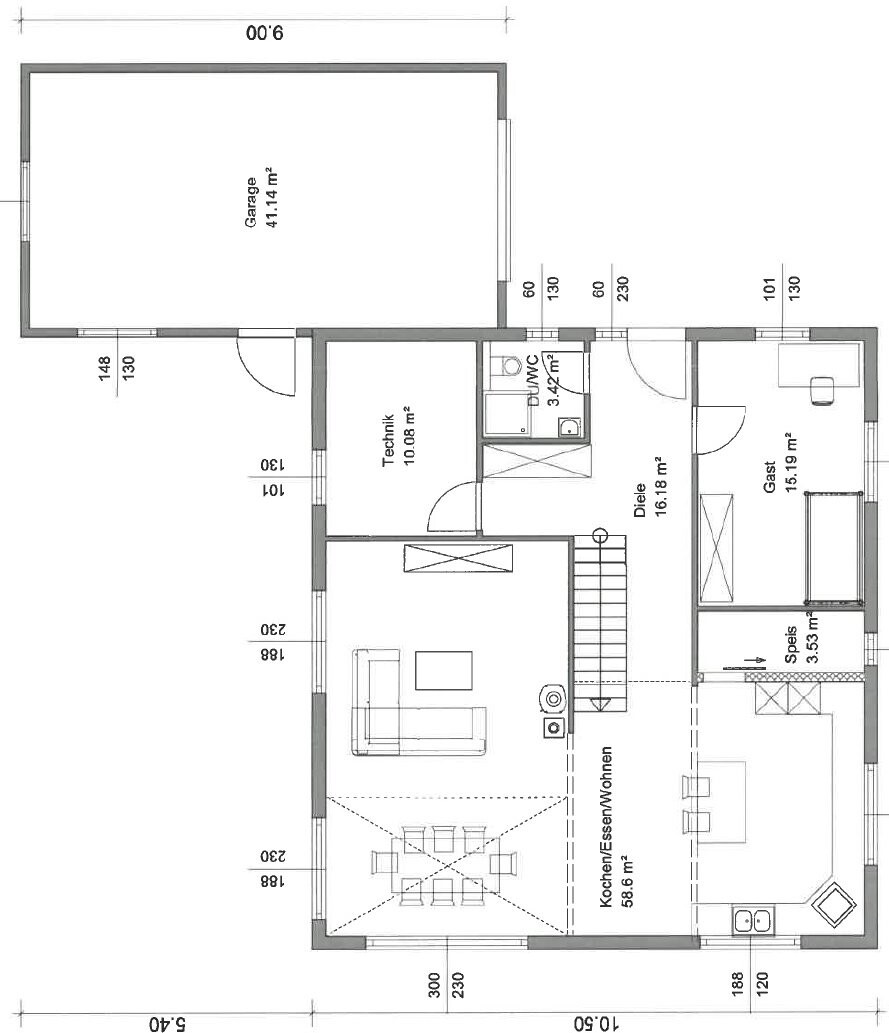 Floor plan of a house: garage, technical room, hallway, WC, guest room, pantry, kitchen/dining/living.