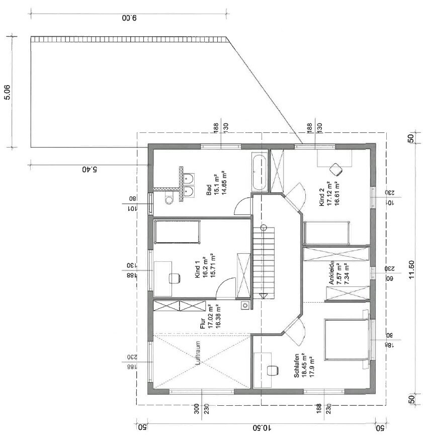 Upper floor plan: bedroom, bathroom, child 1, child 2, dressing room, corridor, staircase.