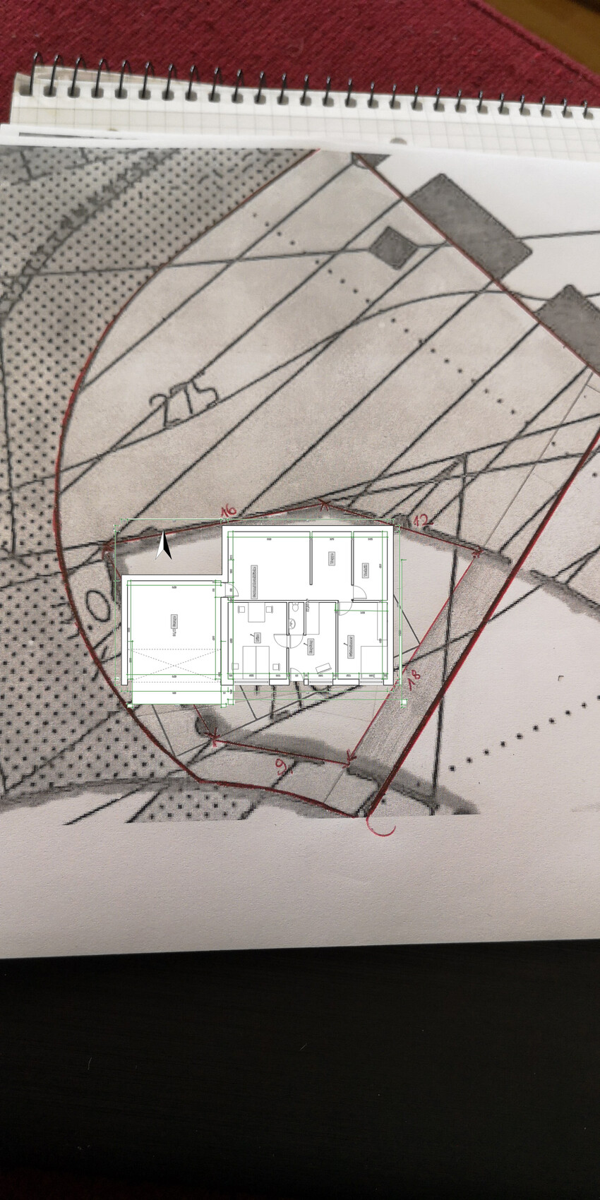 Floor plan of a house on construction drawing with terrain survey
