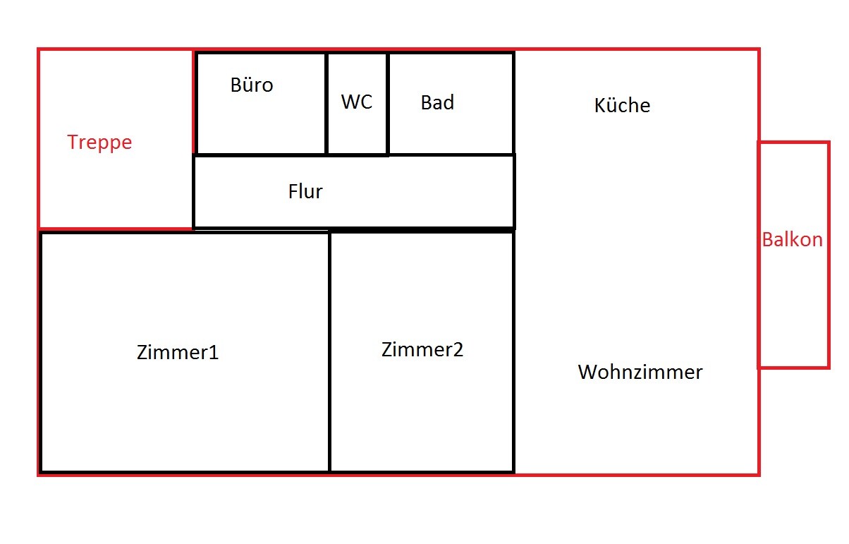 2D floor plan of a house with office, toilet, bathroom, kitchen, hallway, living room, room1, room2, stairs, and balcony