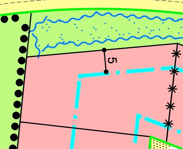 Map excerpt: pink area with cyan lines, water surface above, fence points, right star marker