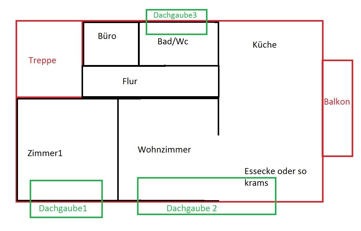 Two-dimensional floor plan of a residential house with rooms, kitchen, bathroom, hallway, and balcony.
