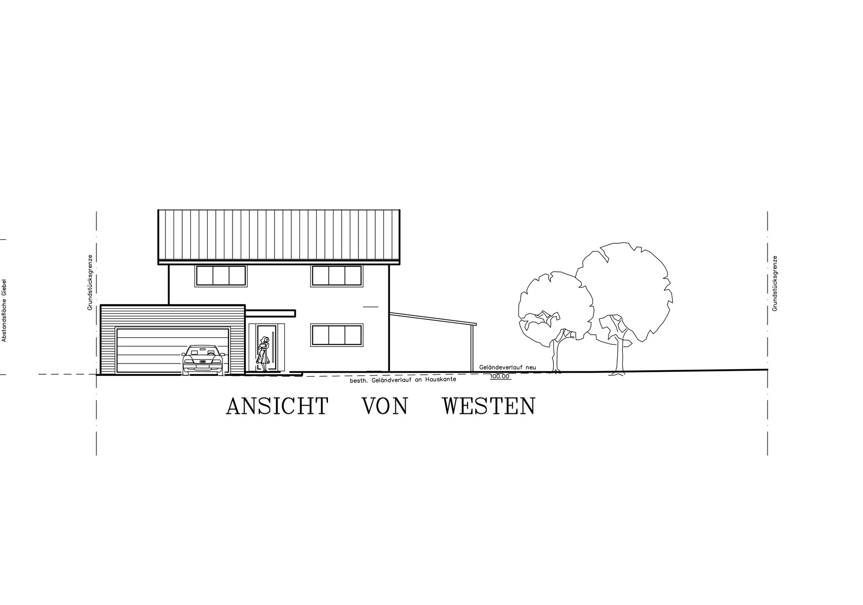 West elevation of a modern two-story house with garage, car, person, and trees.