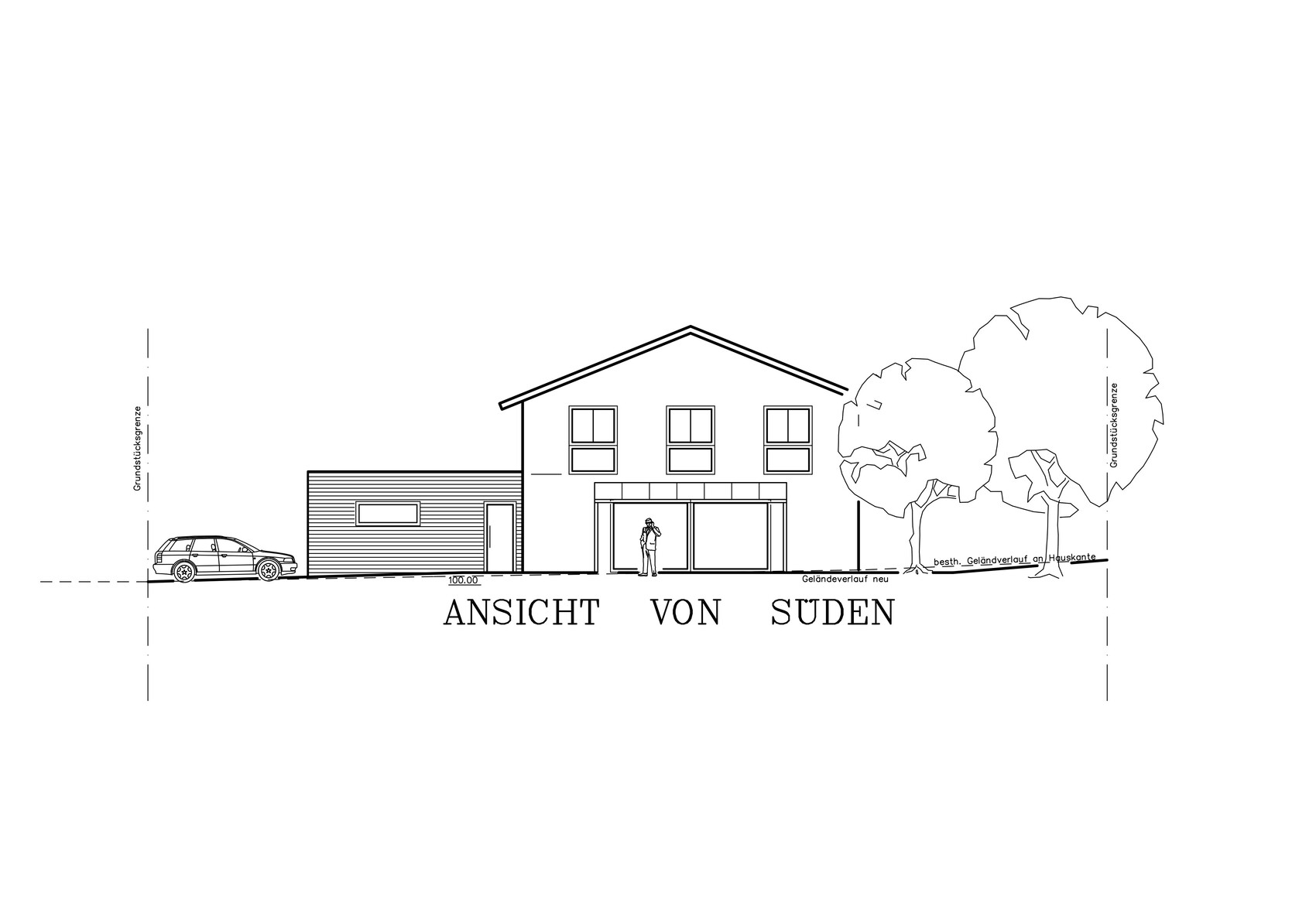 View from the south: two-story house with garage on the left, window front, person at the entrance, trees.