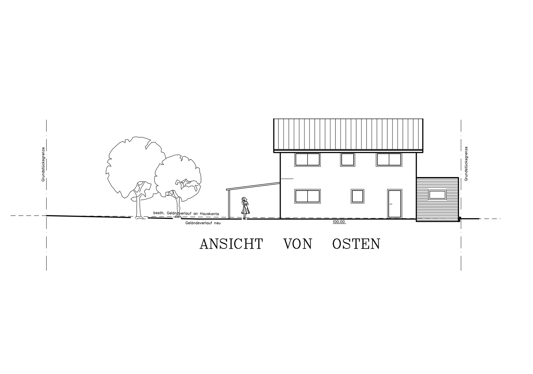 East elevation: two-story house with side extension, trees on the left and person in front.